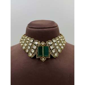 Indian Ethnic Mira Moissanite Gold Plated Bridal Choker Necklace & Earring Set - Product Image 2