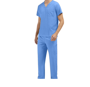 Women's Blue V-Neck Cotton <b>Scrub</b> <b>Set</b> with Pockets Woven Fabric Needle Detection for Hospital Use - Product Image 3