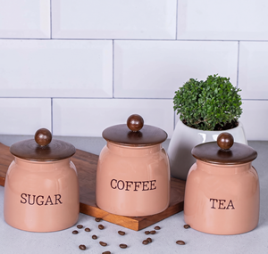 Modern 3 Pcs Tea Coffee <b>Sugar</b> Storage Canister Set White Kitchen Jars with Wooden Lids Airtight Food Organiser for Counter Tops - Product Image 5
