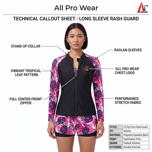 ชุดว่ายน้ำผู้หญิง 3 ชิ้น แขนยาว ซิปด้านหน้า ลายใบไม้เขตร้อน - Product Image 5