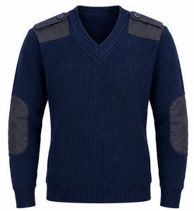 Suéter de punto acanalado azul marino con cuello en V y parches en hombros y codos - Product Image 1