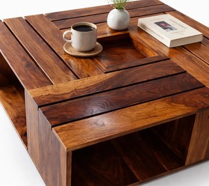 Modern Square Solid Wood <b>Coffee</b> <b>Table</b> with Central Cutout |Unique Slatted Wood Square <b>Coffee</b> <b>Table</b> with Planter Hole |B2B Wholes - Product Image 2