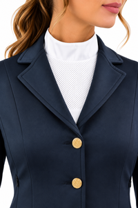 Chaqueta de equitación azul marino para mujer, abrigo para competición ecuestre con botones dorados, corte entallado y estilo de doma elegante - Product Image 5