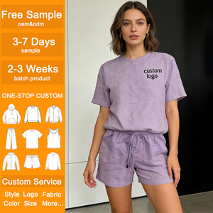 Women's <b>Linen</b> Short Sets Custom Personalized Crew Neck T Shirts and Drawstring Waist Shorts Casual Short Sets - Product Image 1