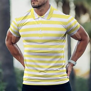 Chemises polo rayées pour hommes, manches courtes, col boutonné, chemise de golf pour hommes, coupe ajustée, vêtements de sport - Product Image 5