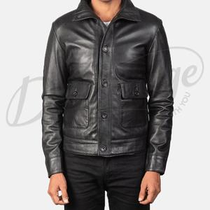 Veste en cuir véritable noire pour homme, style classique boutonnée, coupe ajustée, en peau de mouton souple, veste moto décontractée, vente en gros - Product Image 5
