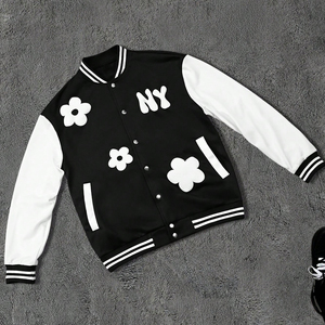 New Design Flower Patch Varsity Jacket Black White Men Streetwear Floral Embroidery Letterman Jacket Custom Baseball Team Wear - Product Image 1