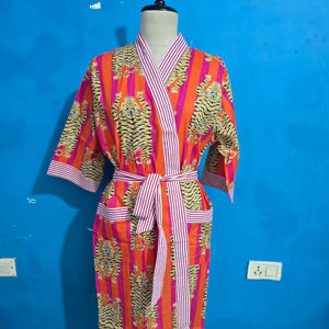 ชุดคลุมอาบน้ำผ้าฝ้ายแท้พิมพ์ลายบล็อกอินเดีย ชุดกิโมโนฤดูร้อนลายเสือ ชุดคลุมชายหาด/ชุดคลุมกิโมโนสำหรับคนท้องใส่สบาย ชุดคลุมอาบน้ำสำหรับฤดูใบไม้ผลิ ของขวัญ - Product Image 1