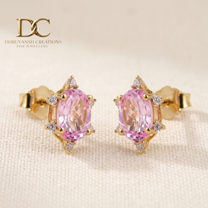 Nouveauté - Boucles d'oreilles en or jaune massif 14 carats avec diamant cultivé en laboratoire certifié IGI et saphir Padpardscha - Bijoux de créateur pour femmes - Product Image 2