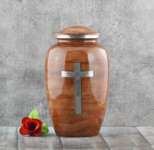 "Elegant Amber Marble Texture Metal Cremation Urn for Human Ashes - Handcrafted <b>Memorial</b> Jar with Triple Silver Cross Engraving - Product Image 5