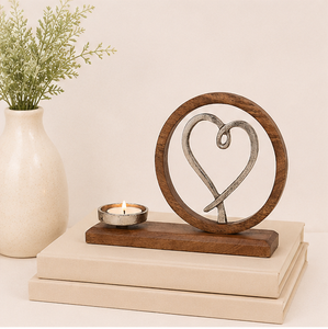 Handmade Rustic Heart Shaped Wooden Candle Holder With Polished Metal Aluminum Accent Vintage Mango Wood <b>Tea</b> Light <b>Stand</b> On Sale - Product Image 4