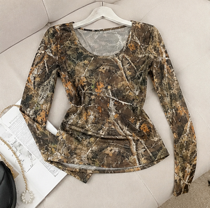 Camiseta Corta de Camuflaje de Manga Larga para Mujer, Ajustada, Estilo Y2K, Moda Urbana, Marca Privada OEM - Product Image 2