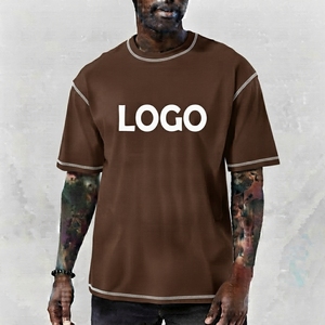 T-shirt en coton marron pour homme, manches courtes, col rond, coupe ample, écologique, séchage rapide, 220g, style décontracté avec bordure contrastée - Product Image 1