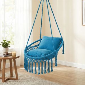 Sedia a dondolo sospesa in macramè blu navy, 2 cuscini imbottiti, capacità 150 kg, amaca in cotone per interni ed esterni, camera da letto, patio, elegante - Product Image 6