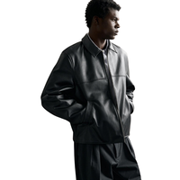 Veste streetwear pour homme en cuir véritable noir, col chemise, fermeture éclair sur le devant, coupe décontractée, minimaliste, vêtement d'extérieur de mode haut de gamme personnalisé OEM