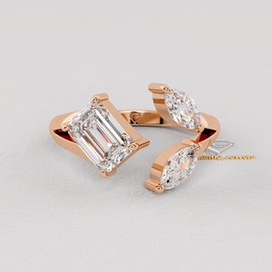 Anillo de compromiso Toi Et Moi con diamante cultivado en laboratorio de corte esmeralda, chapado en oro rosa de 14K, anillo nupcial abierto minimalista. - Product Image 2