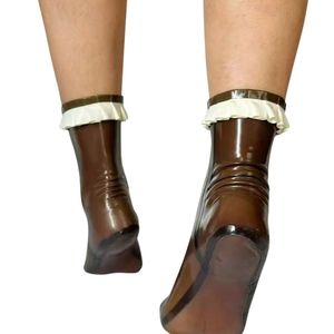 Women's Brown Opaque Pantyhose With <b>White</b> Ruffle Trim Seamless Knitted Spandex Tights Sexy All Seasons Wear - Product Image 3