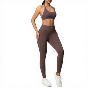High Quality Waisted Workout <b>Leggings</b> Active Wear Body-building Exercise Seamless 2pcs Yoga Set <b>Women</b> OEM - Product Image 4