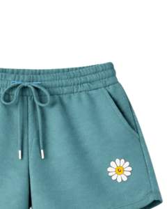 ชุดเซ็ตเสื้อครอปฮู้ดดี้สีเขียวอมฟ้าพร้อมกางเกงขาสั้น ปักลายดอกเดซี่ ชุดลำลองสองชิ้น ผ้าฝ้ายฟลีซ ชุดลำลองใส่สบาย รับผลิตตามสั่ง ขายส่ง - Product Image 5