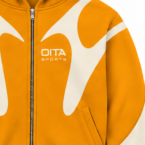 Golden Orange Contrast Panel <b>Zip</b> Up <b>Hoodie</b> Men Streetwear Full Zipper Long Sleeve Casual Fleece Hooded Jacket With <b>Pockets</b> - Product Image 6