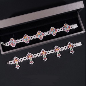 Luxury silver multicolor stone bracelet set with flower and cross design iced out jewelry <b>for</b> <b>men</b> and women - Product Image 3