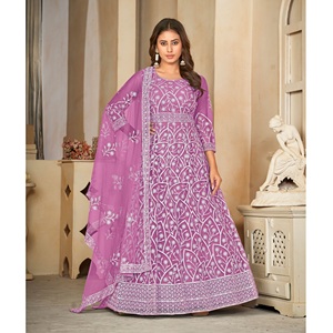 Premium Luxury Women's <b>Light</b> Purple Anarkali Suit 3/4 Sleeve <b>Net</b> Santoon Semi-Stitched Stretchable Quick Dry for Party Weddings - Product Image 1