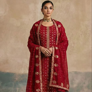 Embroidered Salwar Kameez Multi Thread <b>Sequins</b> Work Khatli Neckline Modern Georgette Santoon <b>Material</b> for Party Wedding Prom - Product Image 1