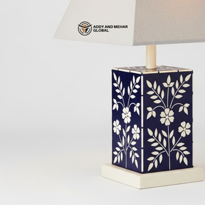 Handcrafted <b>Blue</b> Bone Inlay <b>Table</b> Lantern with Floral Design Luxury Square Decorative <b>Bedside</b> Lamp with Fabric Shade for Home - Product Image 5