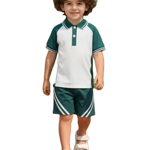 Fashionable Boys Summer Dark Green Casual Jersey Short-Sleeve TEE & Shorts Set ODM White Striped Shorts for Casual Outings - Product Image 1