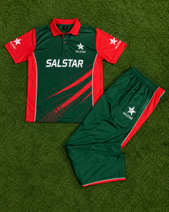 Conjunto de Uniforme de Cricket Sublimado Personalizado, Unisex, de Secado Rápido, Transpirable, Ligero, Antibacteriano, Estilo Verde y Rojo en Contraste - Product Image 6