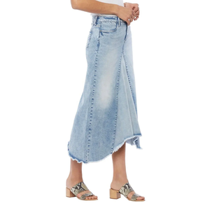 Jupe longue en jean bleu clair délavé à fente avant, taille haute, ourlet effiloché, en coton délavé, style décontracté, qualité supérieure - Product Image 3