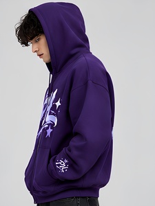Sweat-shirt à capuche zippé pour homme, imprimé logo personnalisé, style streetwear, molleton de coton épais, violet, coupe oversize, style hip-hop - Product Image 5