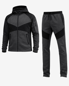 Ensemble de survêtement sportif pour homme, noir et gris, à blocs de couleur, avec sweat à capuche zippé à manches longues et pantalon, respirant, coupe classique, pour l'automne - Product Image 1