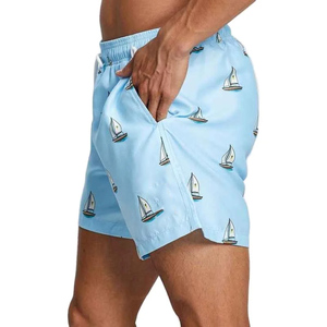 Men's Light Blue Sailboat Print Board Shorts Quick Dry Drawstring Waist Pockets Casual Swimwear - Product Image 5