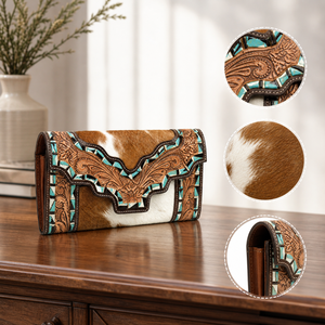 Portefeuille à rabat en cuir de vachette travaillé à la main, style western, avec pochette intégrée |   Porte-cartes artisanal style bohème, export OEM Inde 2026 - Product Image 5