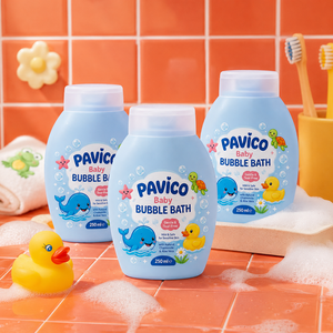 Botella de Baño de Burbujas para Bebés Personalizada, Ovalada, de Plástico HDPE de 250 ml, Color Pastel, Tapa Abatible, Jabón Líquido, Marca Pavico, Fabricante Vietnamita - Product Image 6