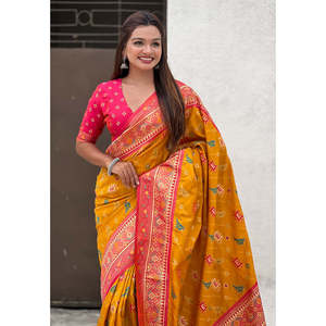Robe de soirée en soie douce Zari tissée couleur moutarde Elite Weaves, Saree Patola Leheriya avec tissages contrastés 700g - Product Image 2