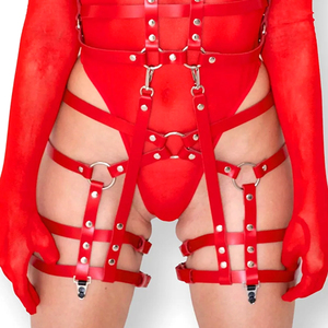 Trendy Premium Quality New Arrival Red Faux <b>Leather</b> Full Body Cage <b>Harness</b> Set Custom Logo Wholesale Rate Adjustable Breathable - Product Image 4
