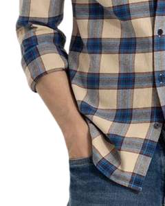 Custom <b>Men</b> Beige Blue Check Casual <b>Shirt</b> Cotton Polyester Long Sleeve Button Down Plaid <b>Shirt</b> For Wholesale OEM Supply Export - Product Image 5