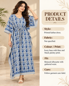 Blue Paisley Print Bohemian Kaftan <b>Dress</b> <b>for</b> Women <b>White</b> Maxi Sleeveless V-neck 100% Cotton Breathable All Seasons Resort Wear - Product Image 4