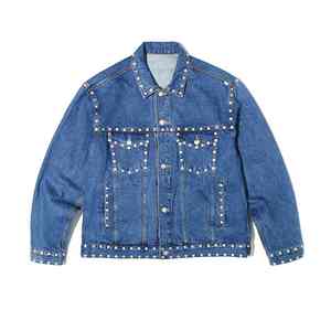 แจ็คเก็ตยีนส์สีน้ำเงินคลาสสิกสำหรับผู้ชาย ประดับคริสตัลระยิบระยับ แฟชั่นสำหรับใส่ในชีวิตประจำวัน เสื้อแจ็คเก็ตยีนส์ประดับเพชร - Product Image 1