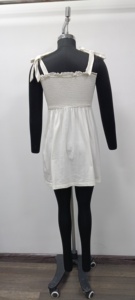White Sleeveless Ruched A-Line Mini <b>Dress</b> With Ruffled Neckline And <b>Elastic</b> <b>Waist</b> For Daily Casual Wear Summer Style - Product Image 2