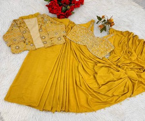 Yellow <b>Saree</b> <b>With</b> Embroidered <b>Jacket</b> Women's Traditional Wedding Ethnic Wear Floor Length Regular Fit Ready To Wear 82846 BB-59 - Product Image 4