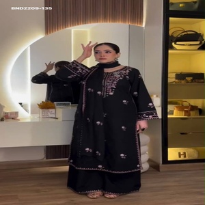Ensemble de costume noir pour femme en satin de rayonne de créateur avec broderie de fils et de sequins, pantalon palazzo et dupatta – Exportateur de mode féminine - Product Image 1
