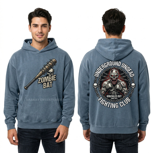 Sweat-shirt à capuche personnalisé bleu ardoise pour homme, imprimé crâne de chauve-souris zombie, motif club de combat des mort-vivants, design fil barbelé, streetwear - Product Image 1