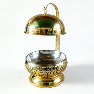 ถาดอุ่นอาหารทรงกลมสีขาวทองหรูหรา พร้อมขาตั้งทรงเสาแนวตั้งตกแต่งอย่างประณีต สำหรับบุฟเฟ่ต์งานแต่งงาน - Product Image 4