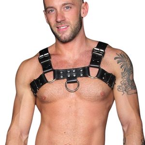 Men's <b>Black</b> Leather Chest <b>Harness</b> With Metal Rings Adjustable Fit Sexy Costume Wear - Product Image 1