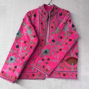 Pink Velvet Embroidered Mandarin Collar <b>Boho</b> Jacket Long Sleeve Floral Print Loose Fit Winter Wear <b>Summer</b> Casual <b>Dress</b> - Product Image 5