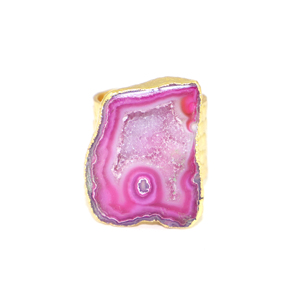 Unique Design Natural Pink Geode Druzy 22KGold Plated Crocodile Texture Big Band Free <b>Size</b> <b>Ring</b> In Brass Metal Jewelry For Women - Product Image 1