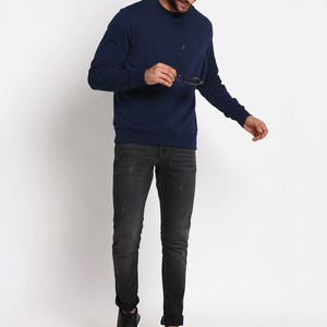 <b>Men</b> Navy Blue Crew Neck Sweatshirt Slim Fit Knitted Cotton <b>Pullover</b> Casual Autumn Wear Solid Color Long Sleeve - Product Image 1